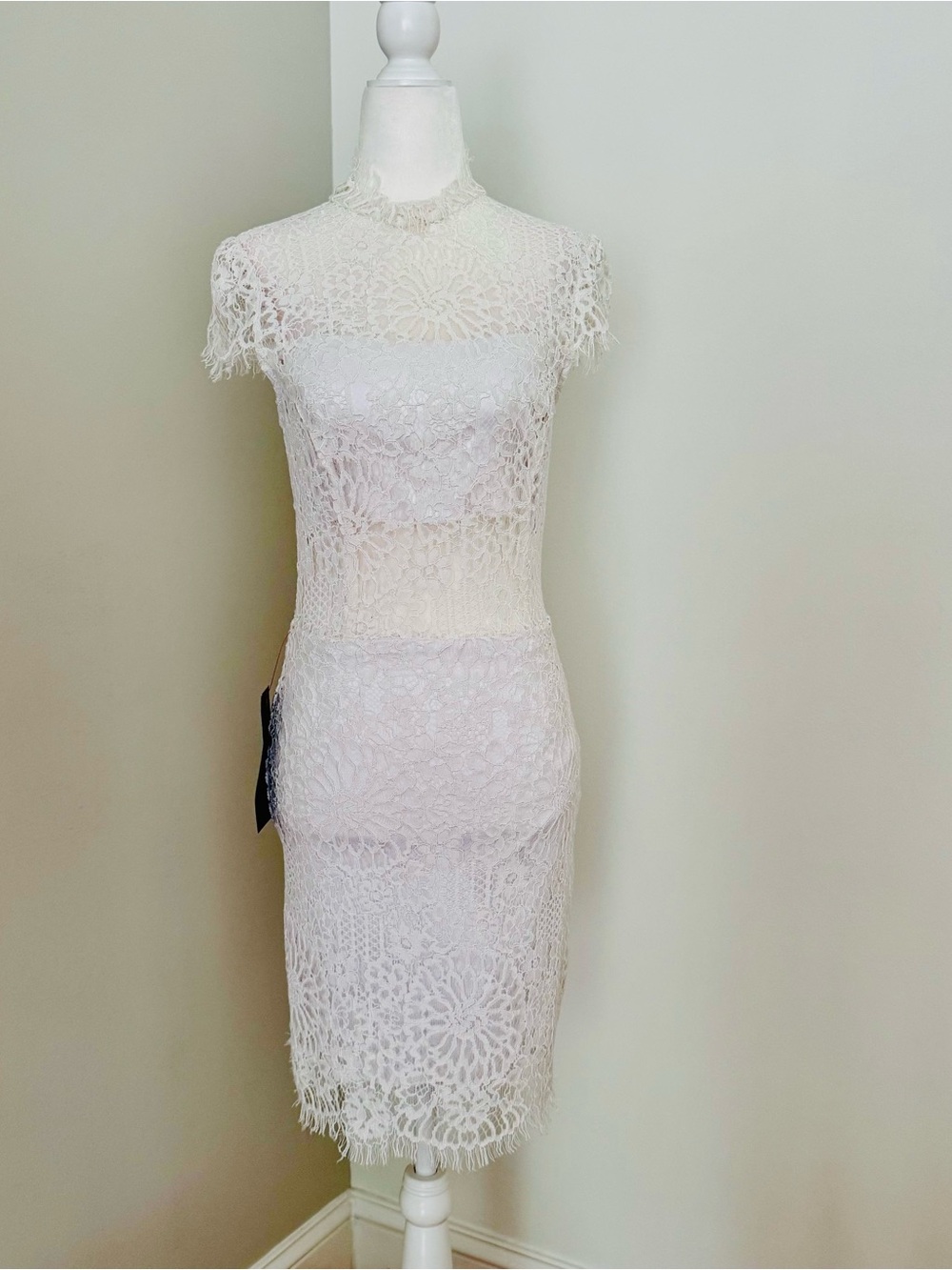 bebe White Lace Midi Sheath Dress